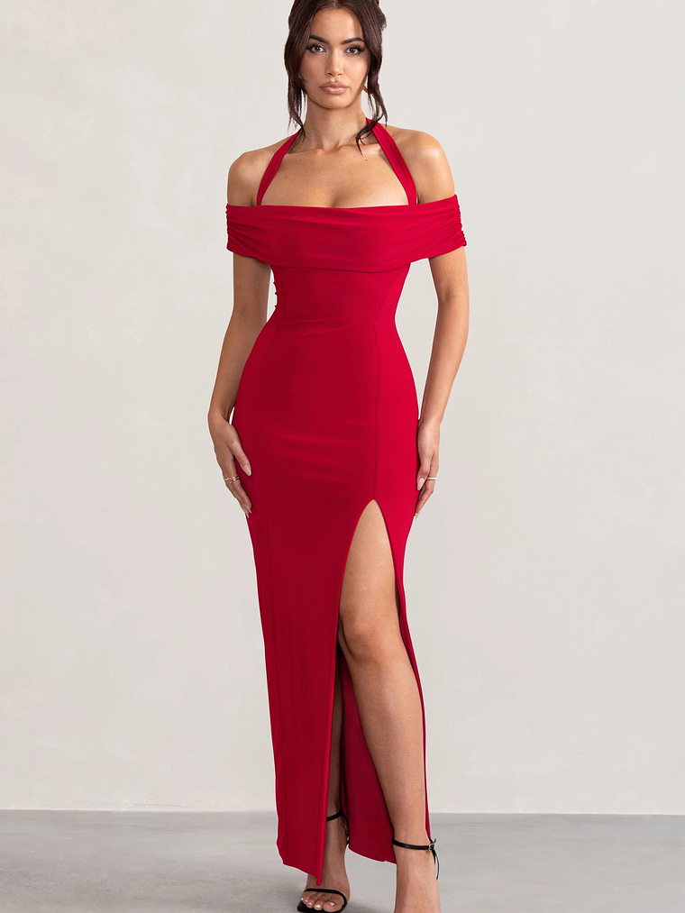Anisa | Red Layered Halter Neck Bardot Maxi Dress With Thigh Split 1