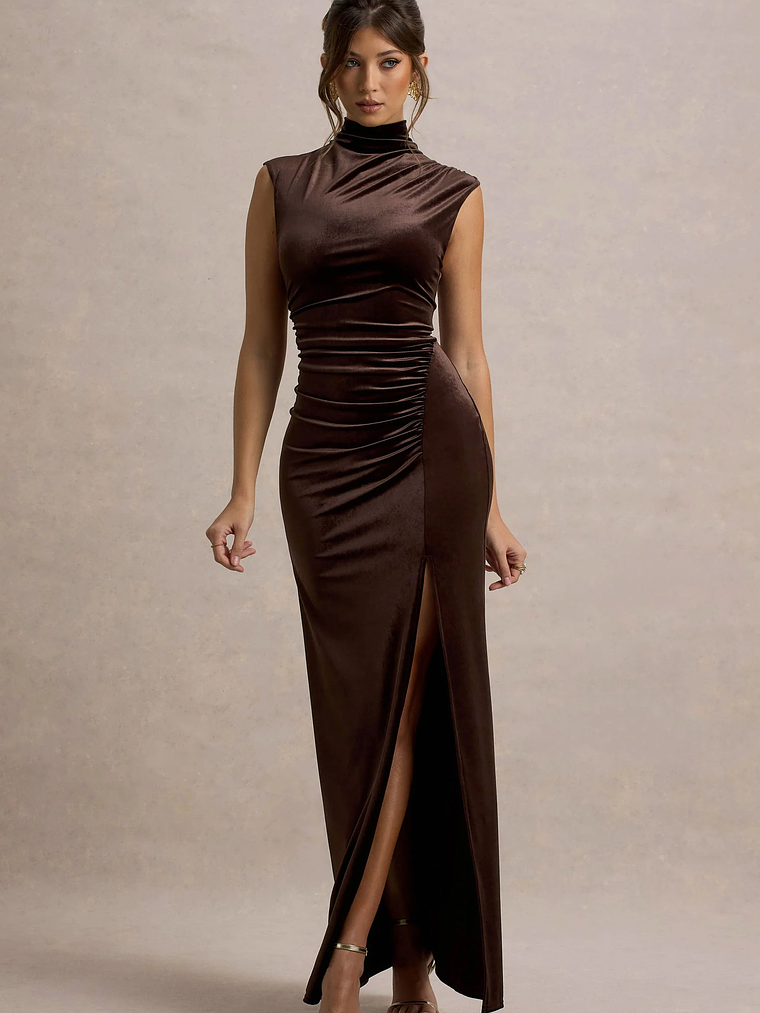 Abilene | Chocolate Velvet High-Neck Split Maxi Dress 4