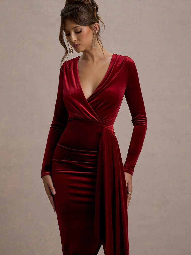 Arcadia | Berry Velvet Plunge-Neck Wrap Midi Dress 3