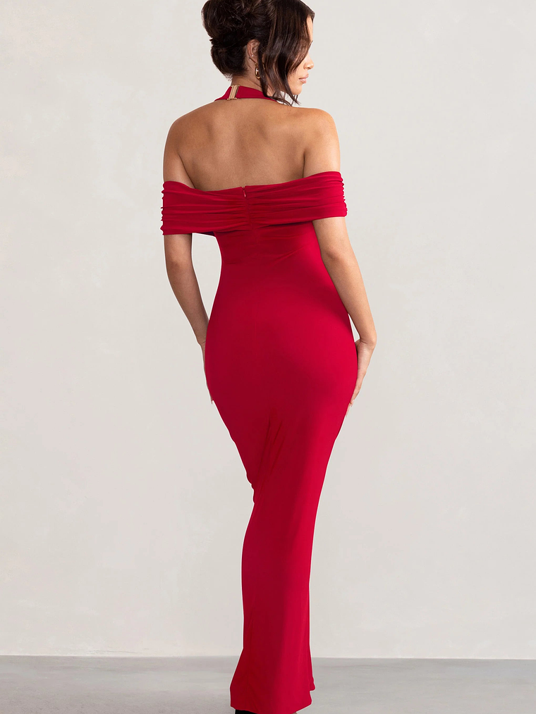 Anisa | Red Layered Halter Neck Bardot Maxi Dress With Thigh Split 2
