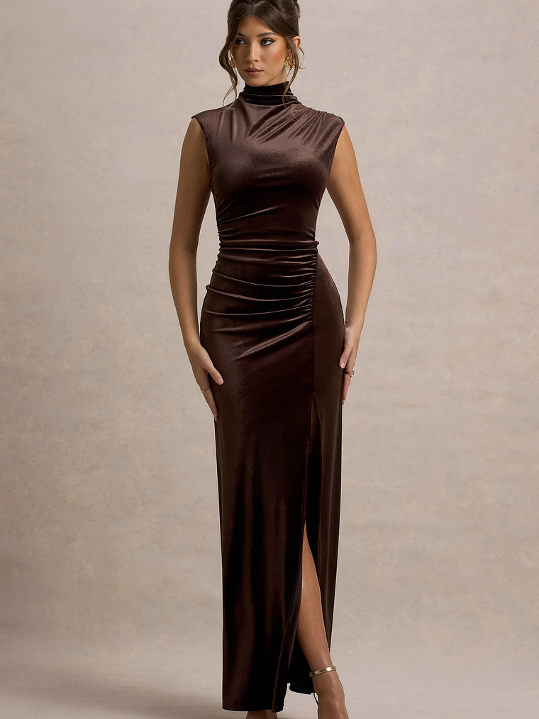 Abilene | Chocolate Velvet High-Neck Split Maxi Dress 5