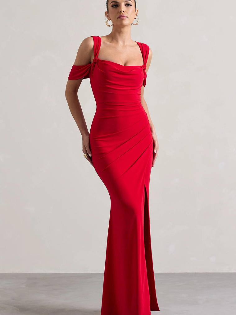 Amoura | Red Square-Neck Draped Wrap Maxi Dress 4