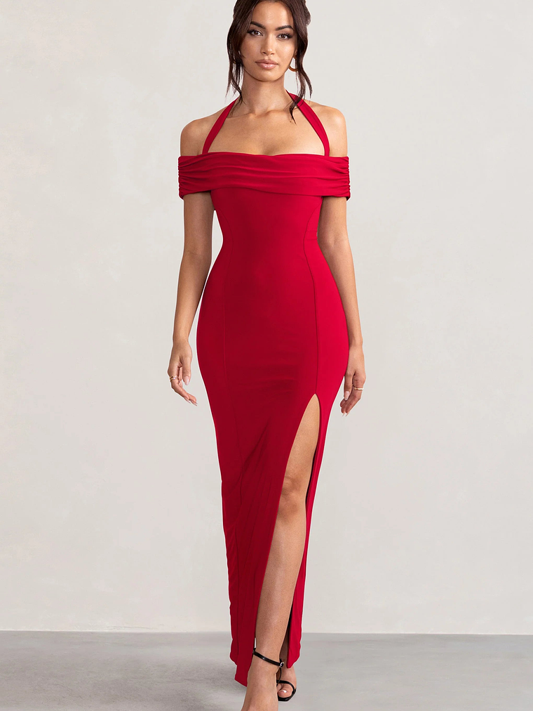 Anisa | Red Layered Halter Neck Bardot Maxi Dress With Thigh Split 3