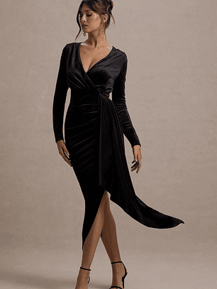 Arcadia | Black Velvet Plunge-Neck Wrap Midi Dress