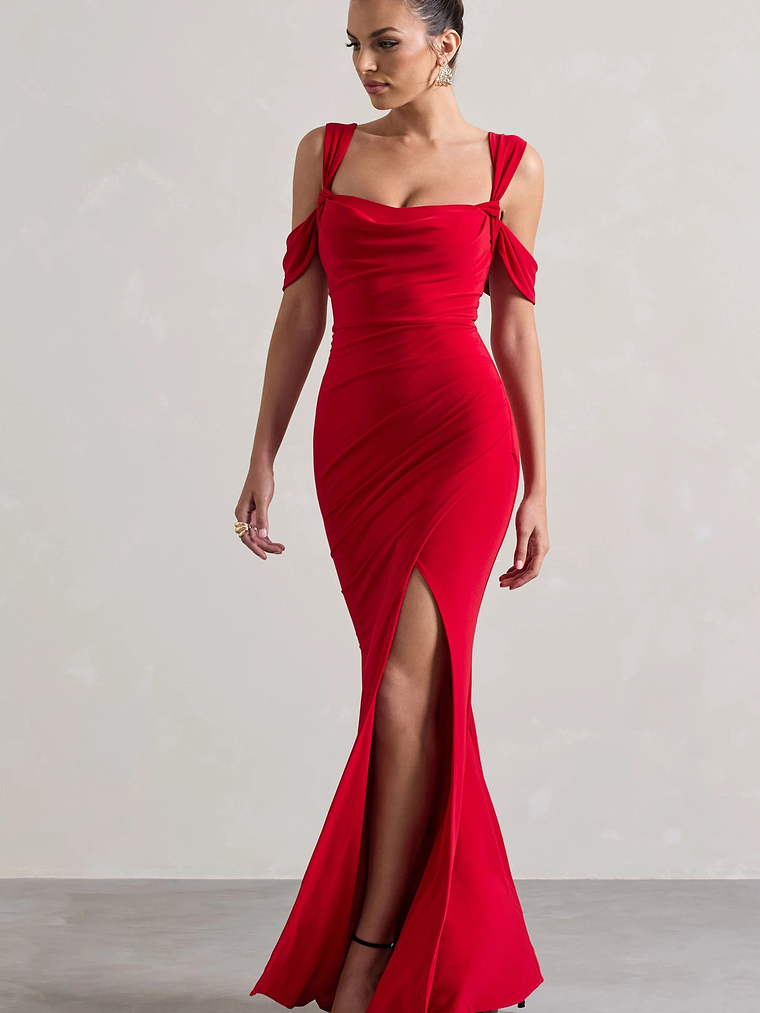 Amoura | Red Square-Neck Draped Wrap Maxi Dress 5