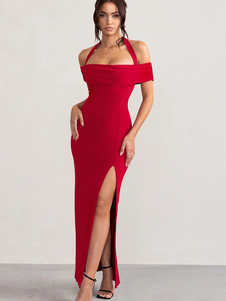 Anisa | Red Layered Halter Neck Bardot Maxi Dress With Thigh Split 4