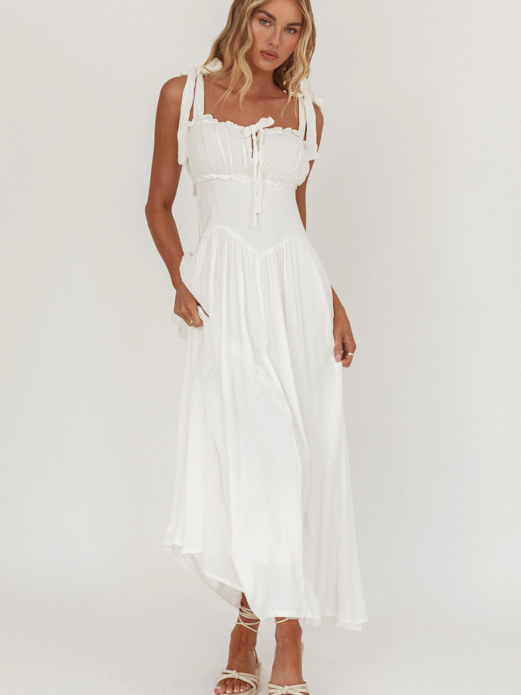 Albury Tied Shoulder Basque Waist Midi Dress White 1