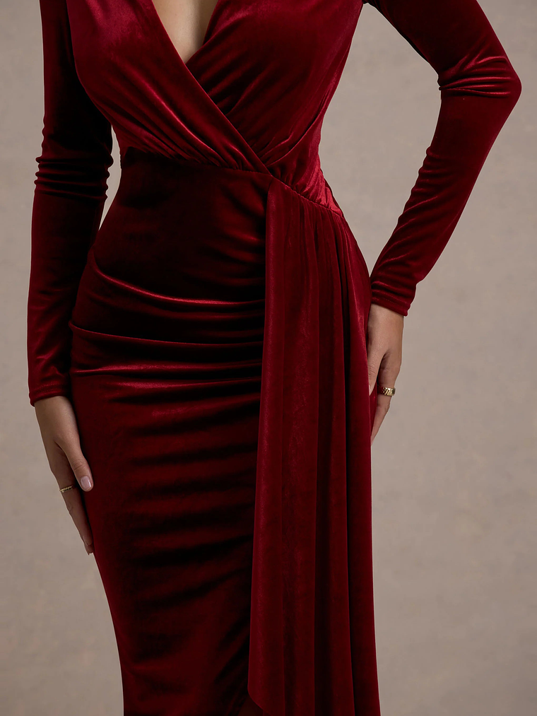 Arcadia | Berry Velvet Plunge-Neck Wrap Midi Dress 6