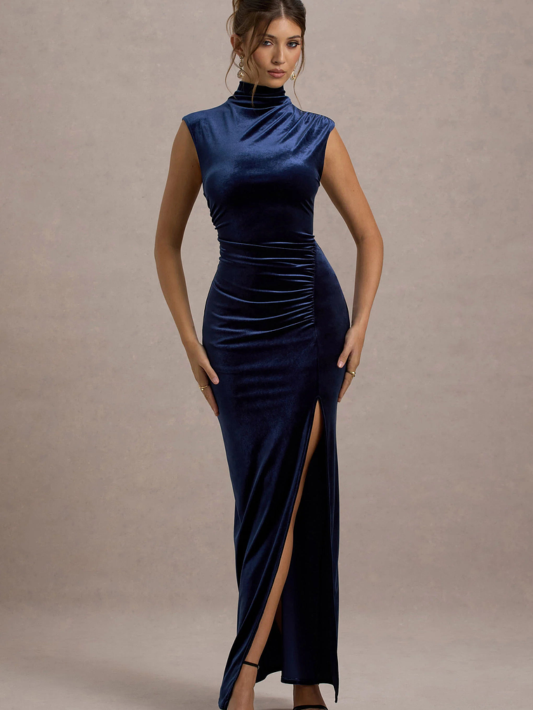 Abilene | Navy Velvet High-Neck Split Maxi Dress 5