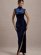 Abilene | Navy Velvet High-Neck Split Maxi Dress - thumbnail 5