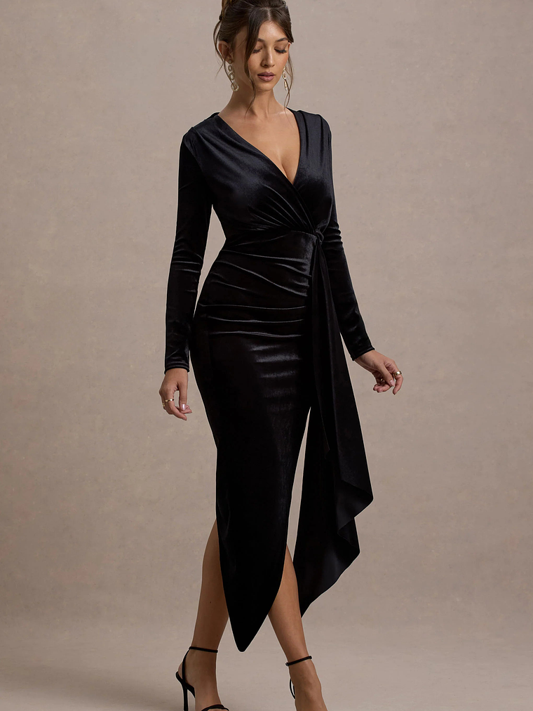 Arcadia | Black Velvet Plunge-Neck Wrap Midi Dress 4