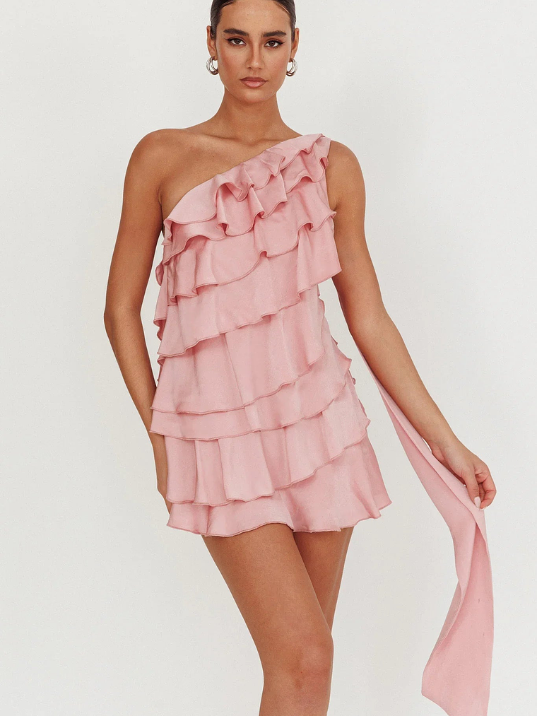 Arrabel Tiered Ruffle One Shoulder Mini Dress Pink 1