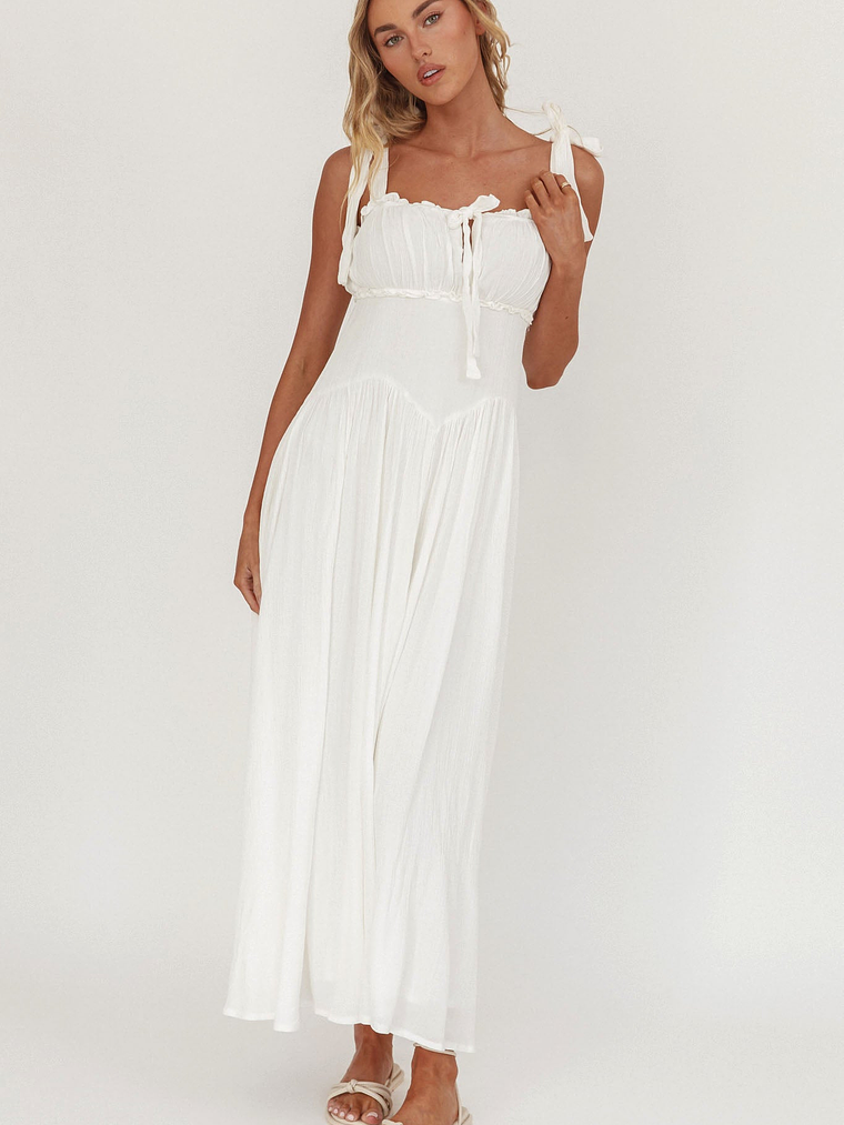 Albury Tied Shoulder Basque Waist Midi Dress White 4