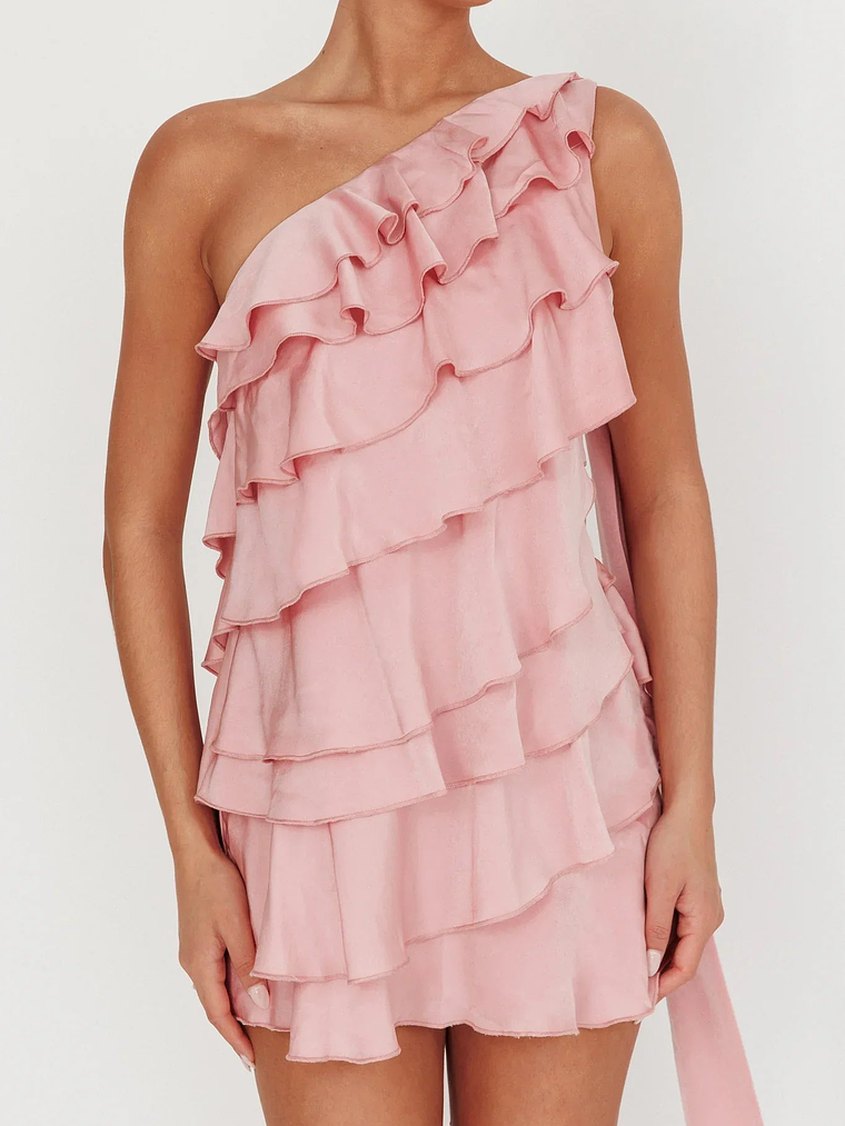 Arrabel Tiered Ruffle One Shoulder Mini Dress Pink 3