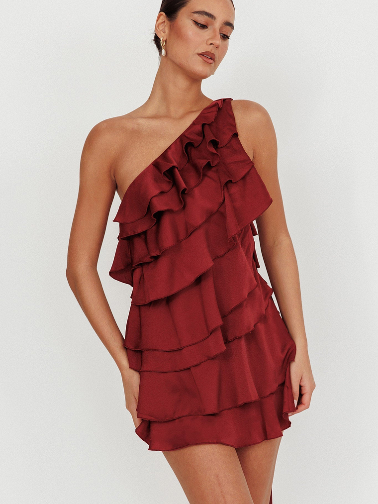 Arrabel Tiered Ruffle One Shoulder Mini Dress Wine 1
