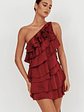 Arrabel Tiered Ruffle One Shoulder Mini Dress Wine - thumbnail 1