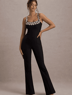 Amadi | Black Embellished Strappy Flared-Leg Jumpsuit