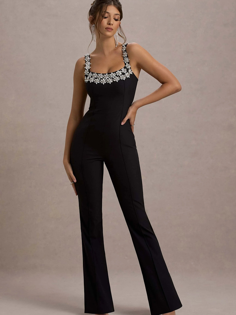 Amadi | Black Embellished Strappy Flared-Leg Jumpsuit 1