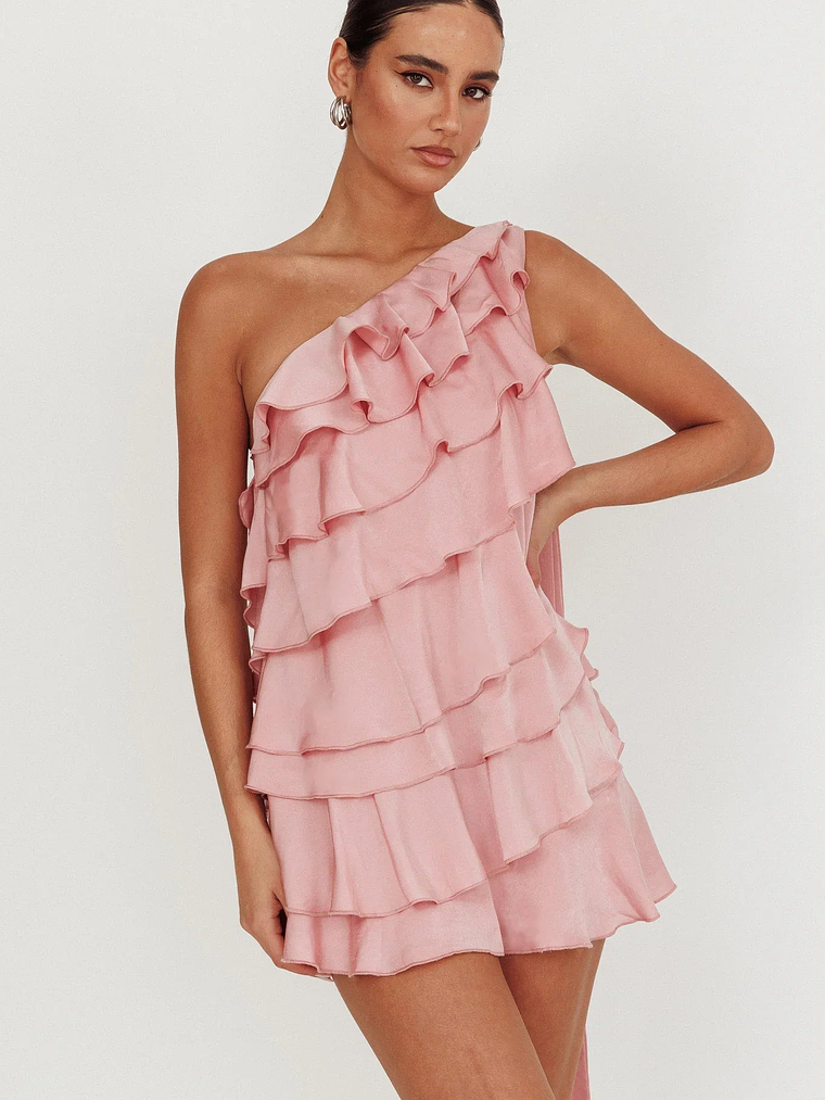 Arrabel Tiered Ruffle One Shoulder Mini Dress Pink 5