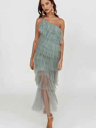 Arrabel Tiered Ruffle Tulle Maxi Dress Sage