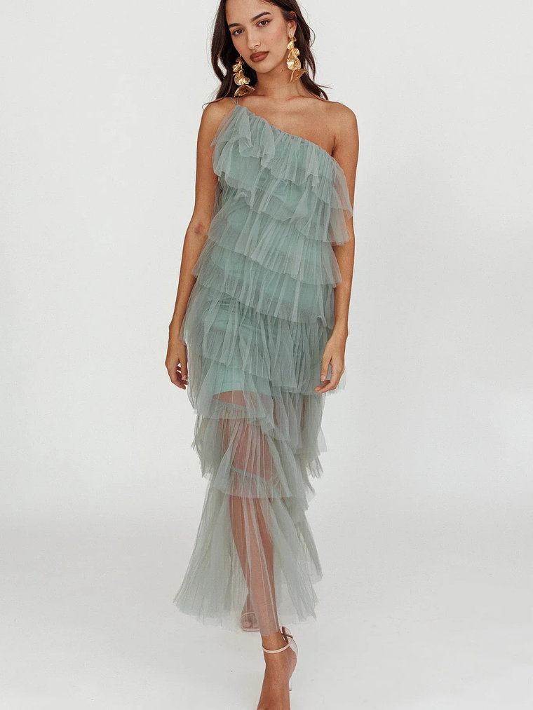 Arrabel Tiered Ruffle Tulle Maxi Dress Sage 1