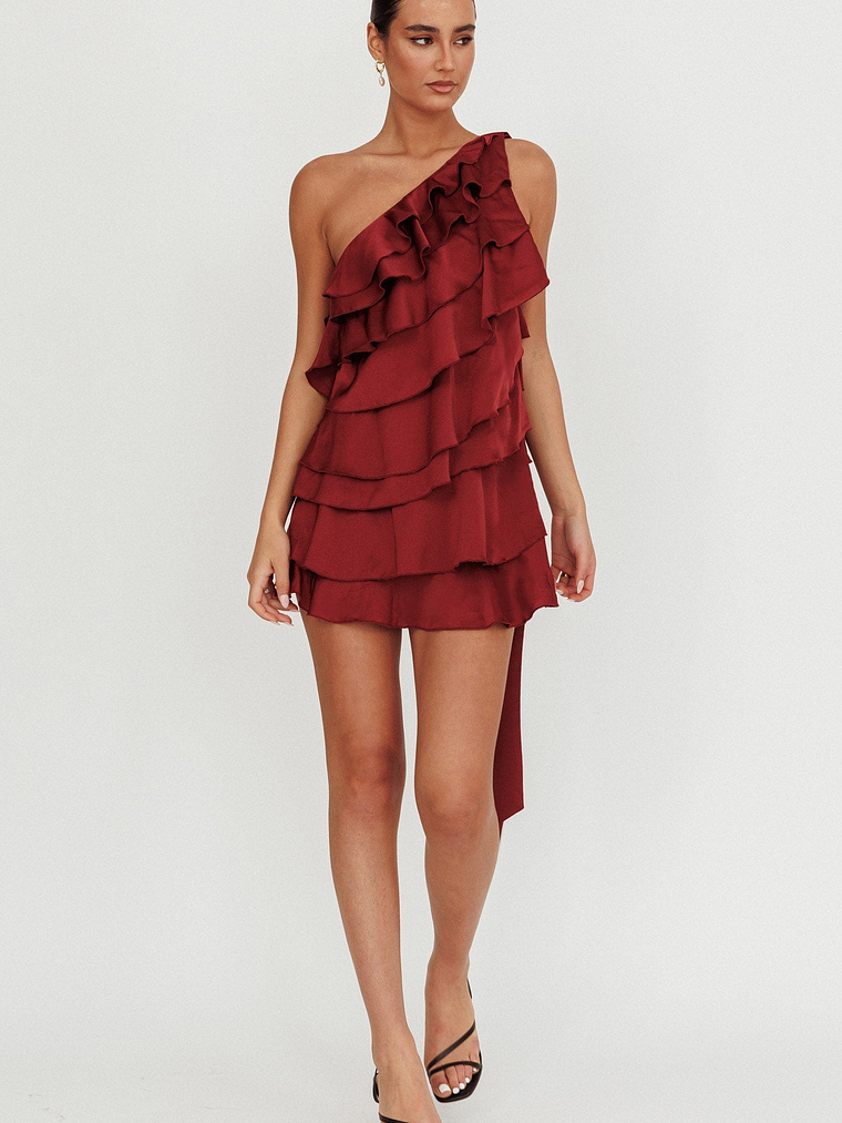 Arrabel Tiered Ruffle One Shoulder Mini Dress Wine 4