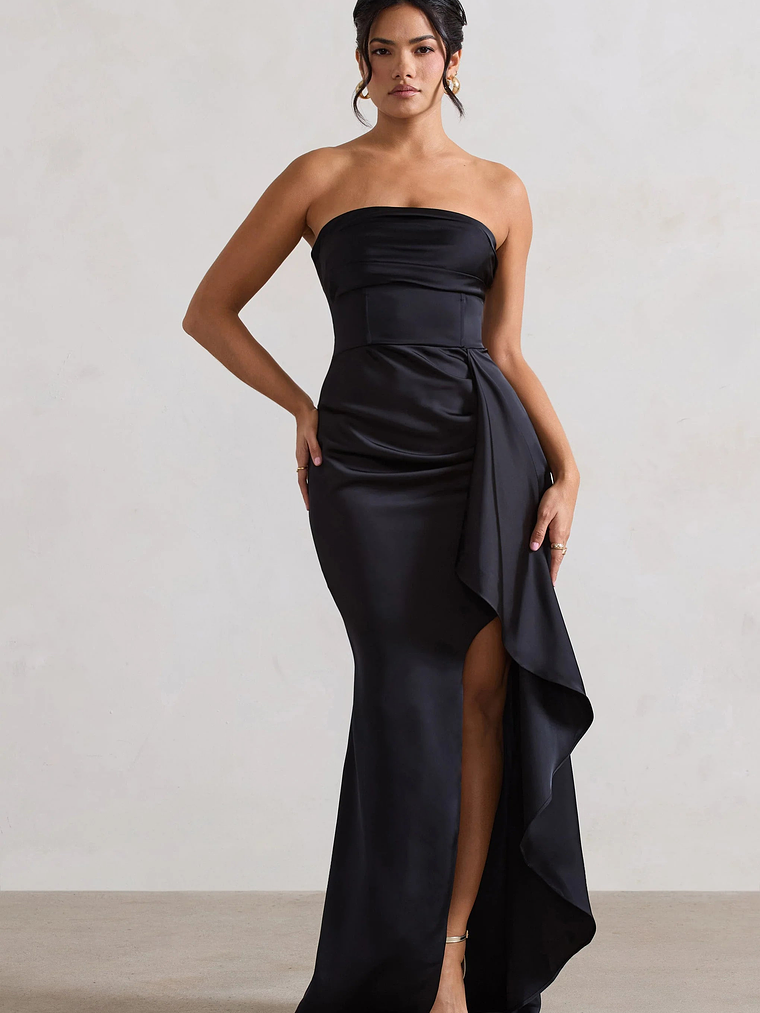 Ace | Black Satin Bandeau Split Maxi Dress With Ruffle Drape 1