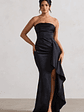 Ace | Black Satin Bandeau Split Maxi Dress With Ruffle Drape - thumbnail 1