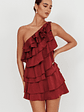 Arrabel Tiered Ruffle One Shoulder Mini Dress Wine - thumbnail 5
