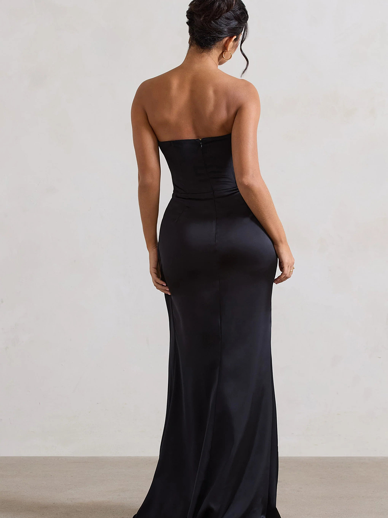Ace | Black Satin Bandeau Split Maxi Dress With Ruffle Drape 2