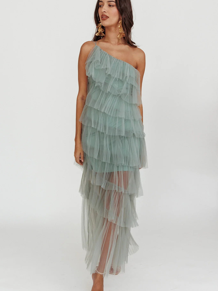 Arrabel Tiered Ruffle Tulle Maxi Dress Sage 5