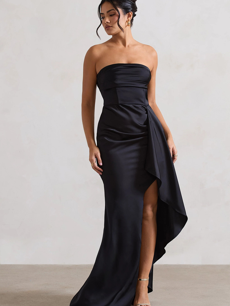 Ace | Black Satin Bandeau Split Maxi Dress With Ruffle Drape 3