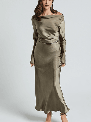 Arriana Midi Dress - Long Sleeve Cowl Back Satin Dress in Dark Olive