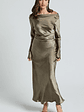 Arriana Midi Dress - Long Sleeve Cowl Back Satin Dress in Dark Olive - thumbnail 1