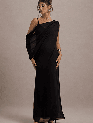 Aeliana | Black Strappy V-Neck Maxi Dress With Chiffon Sash