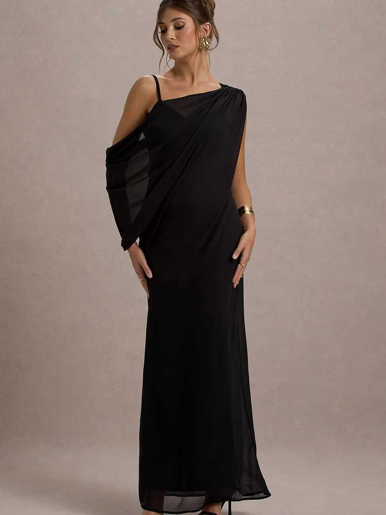 Aeliana | Black Strappy V-Neck Maxi Dress With Chiffon Sash 1