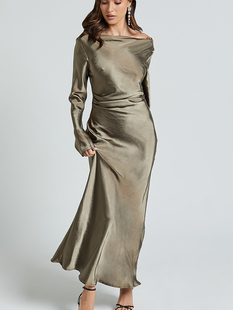 Arriana Midi Dress - Long Sleeve Cowl Back Satin Dress in Dark Olive 3