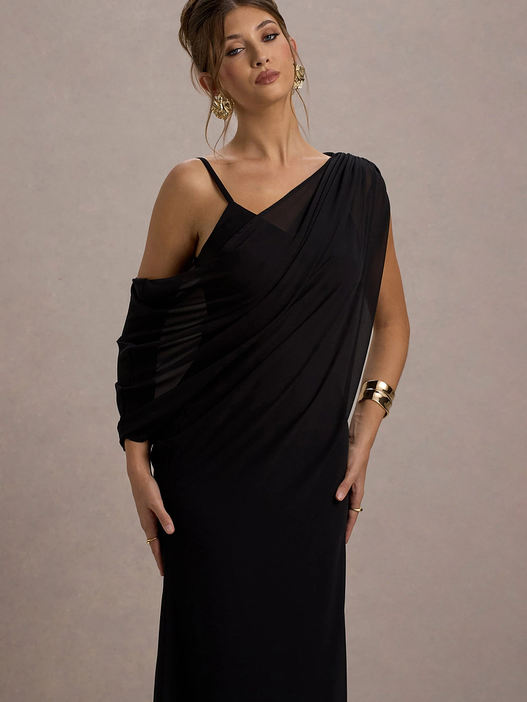 Aeliana | Black Strappy V-Neck Maxi Dress With Chiffon Sash 3