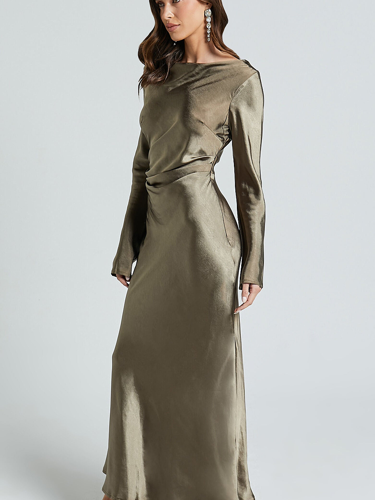 Arriana Midi Dress - Long Sleeve Cowl Back Satin Dress in Dark Olive 5