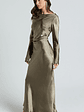 Arriana Midi Dress - Long Sleeve Cowl Back Satin Dress in Dark Olive - thumbnail 5