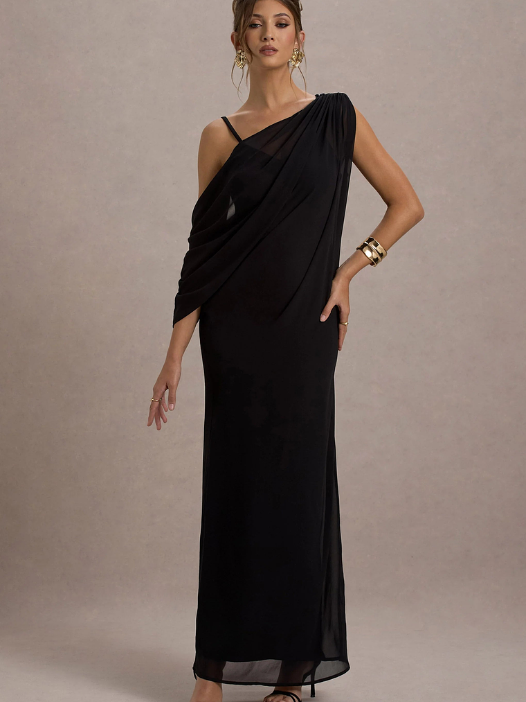 Aeliana | Black Strappy V-Neck Maxi Dress With Chiffon Sash 4