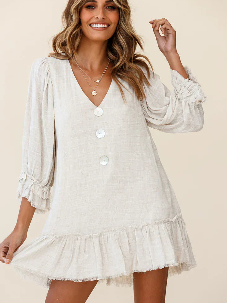 Amala Balloon Sleeve Button Detail Linen Dress Natural 6