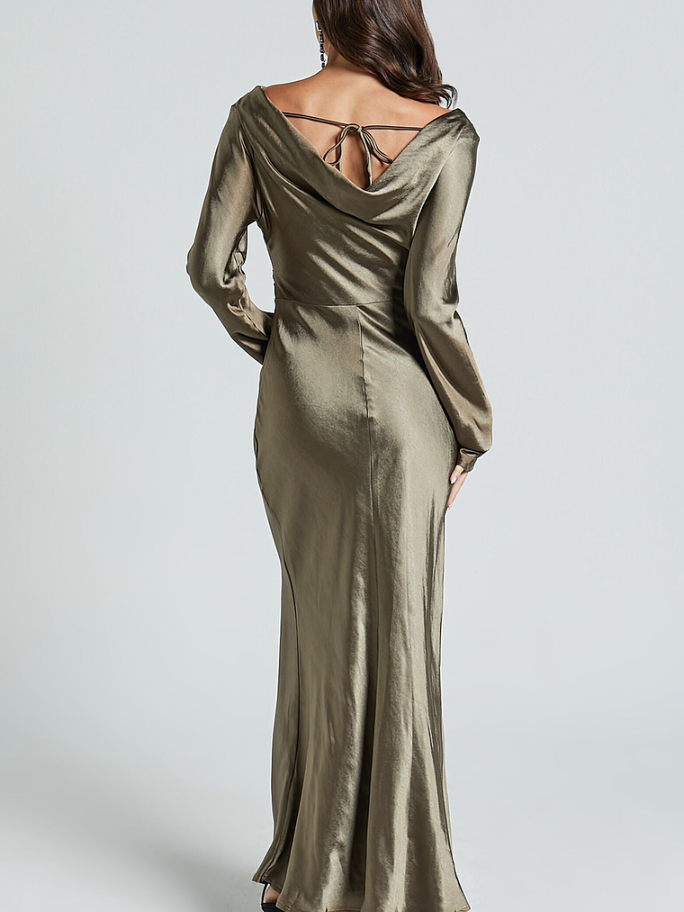 Arriana Midi Dress - Long Sleeve Cowl Back Satin Dress in Dark Olive 6