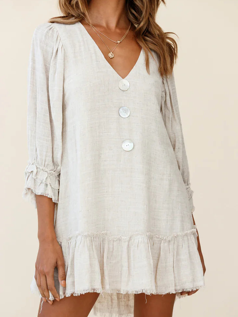Amala Balloon Sleeve Button Detail Linen Dress Natural 7