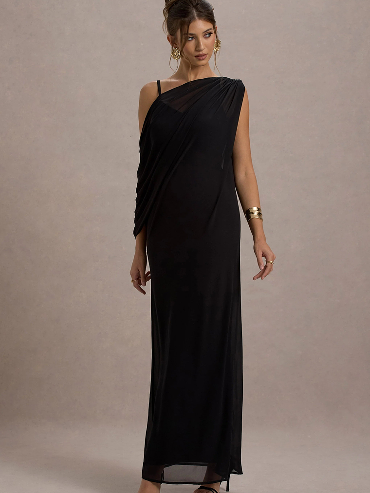 Aeliana | Black Strappy V-Neck Maxi Dress With Chiffon Sash 5