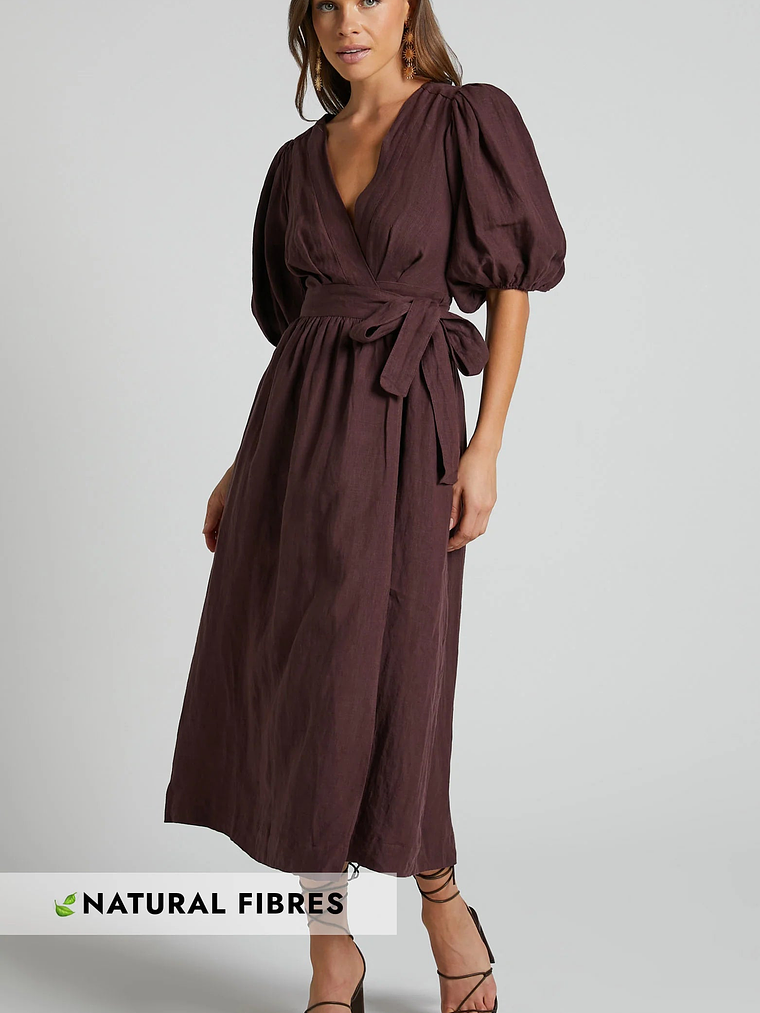Amalie The Label - Franc Linen Puff Sleeve Wrap Midi Linen Dress 1