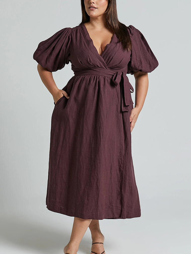 Amalie The Label - Franc Linen Puff Sleeve Wrap Midi Linen Dress 2
