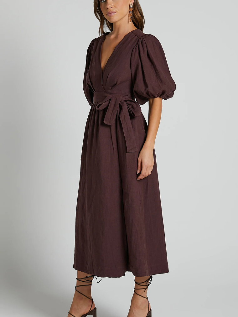 Amalie The Label - Franc Linen Puff Sleeve Wrap Midi Linen Dress 3