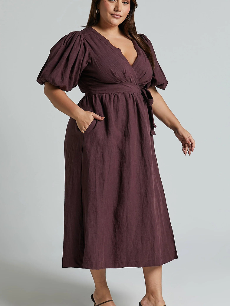 Amalie The Label - Franc Linen Puff Sleeve Wrap Midi Linen Dress 4