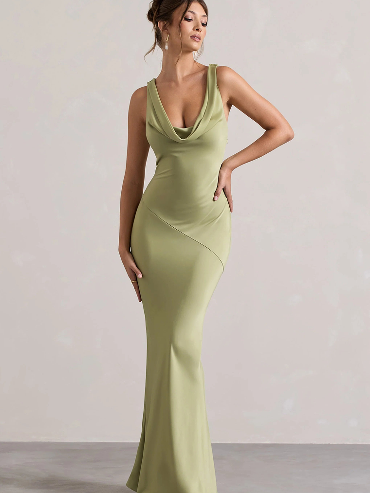 Alesso | Light Olive Satin Cowl-Neck Maxi Dress 4
